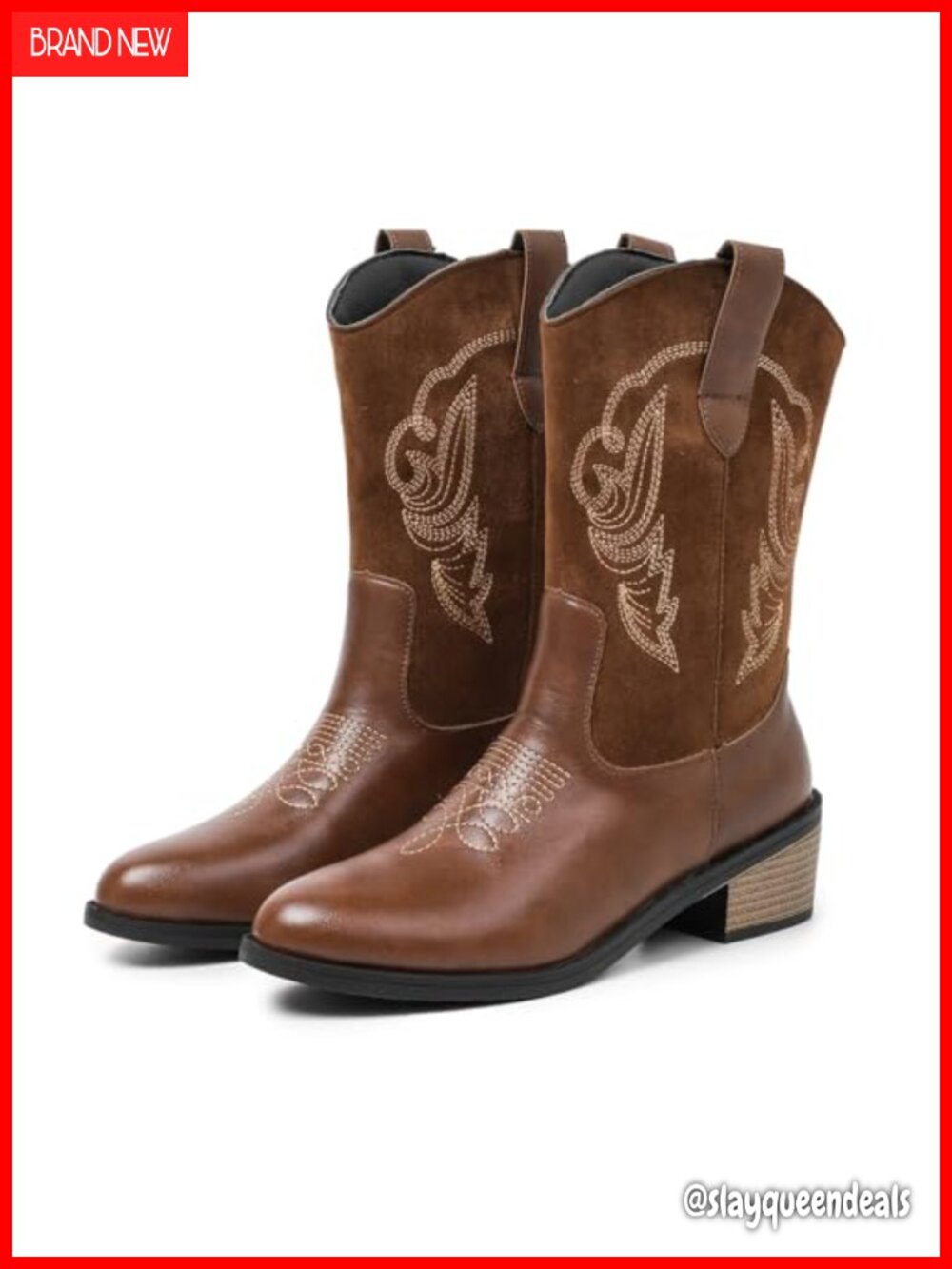 Embroidered Mid Calf Cowboy Boots Chunky Heel Snip Toe Slip-On Faux Leather